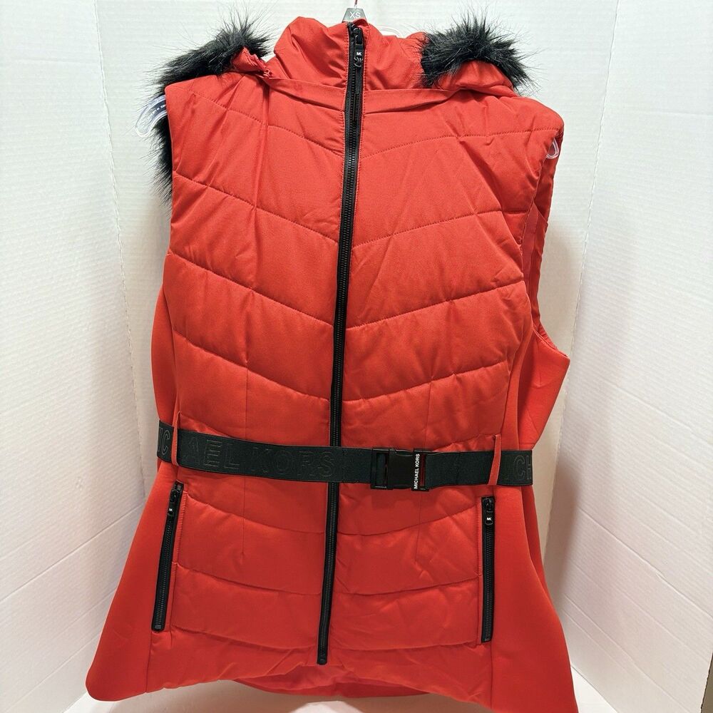 Michael Kors Red Puffer Vest Faux Fur Hood Belted Size XL Wintercore